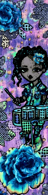 Free teacher bookmark featuring a drum teacher with a big blue flower